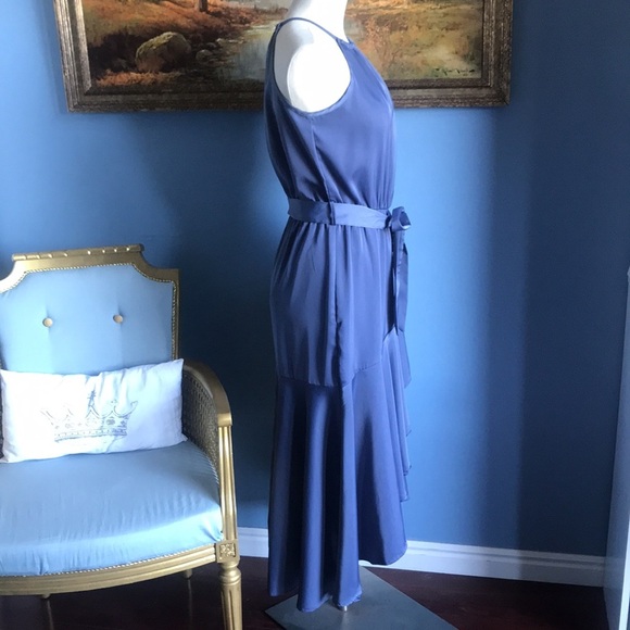 Fashion bluish gray asymmetric halter layered ruffled party maxi dress size S - Picture 11 of 15